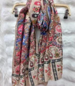 Premium Beige Paisley Floral Printed Silk-Finish Hijab - Image 2