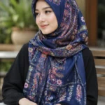 Premium Navy Blue Paisley Floral Printed Silk-Finish Hijab
