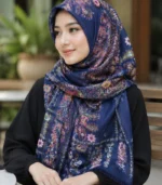 Premium Navy Blue Paisley Floral Printed Silk-Finish Hijab
