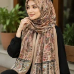 Premium Beige Paisley Floral Printed Silk-Finish Hijab