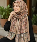 Premium Beige Paisley Floral Printed Silk-Finish Hijab