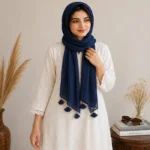 Premium Navy Blue Tassel Cotton Crinkle Hijab