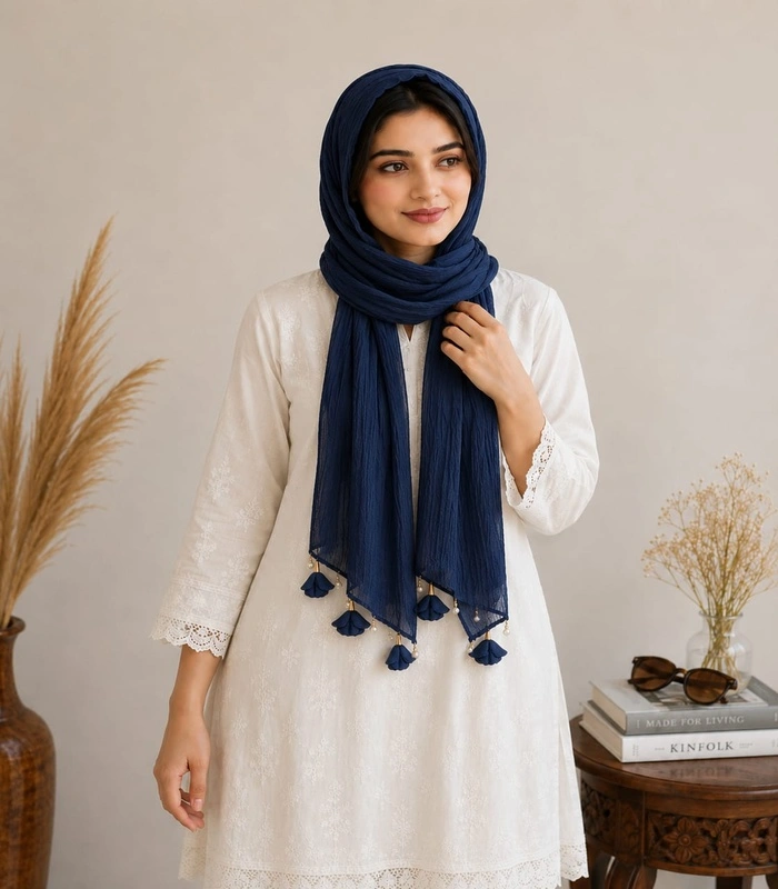 A (1) Premium Navy Blue Tassel Cotton Crinkle Hijab - Image 1