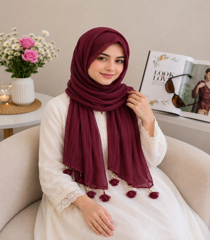 A (2) Premium Wine Maroon Tassel Cotton Crinkle Hijab - Image 1