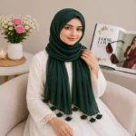 Premium Forest Green Tassel Cotton Crinkle Hijab