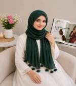 Premium Forest Green Tassel Cotton Crinkle Hijab