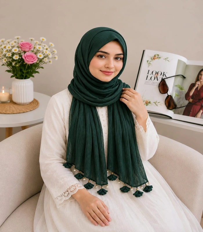 A (3) Premium Forest Green Tassel Cotton Crinkle Hijab - Image 1