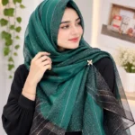 Premium Emerald Green Black Gold Shimmer Striped Soft Hijab