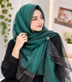 Premium Emerald Green Black Gold Shimmer Striped Soft Hijab
