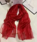 Premium Ruby Red Gold Shimmer Striped Soft Hijab - Image 2