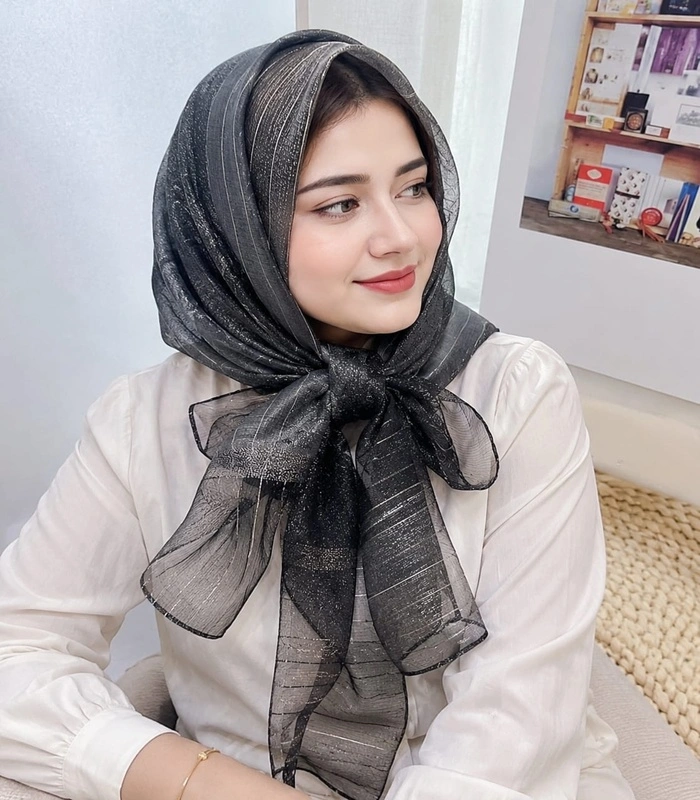 A (6) Premium Charcoal Black Shimmer Striped Soft Hijab - Image 1