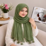 Premium Olive Green Soft Crinkle Tassel Hijab