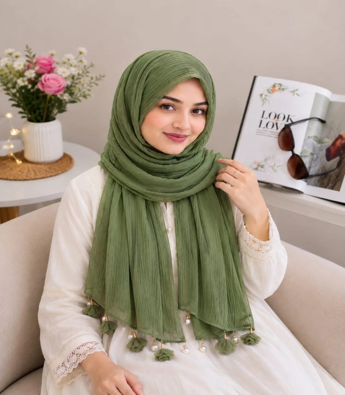 A (9) Premium Olive Green Soft Crinkle Tassel Hijab - Image 1