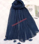 Premium Navy Blue Tassel Cotton Crinkle Hijab - Image 2