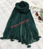 Premium Forest Green Tassel Cotton Crinkle Hijab - Image 2