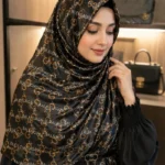 Premium Black & Gold Monogram Printed Silk-Finish Hijab