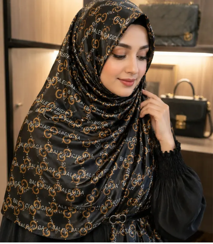 C (1) Premium Black & Gold Monogram Printed Silk-Finish Hijab - Image 1