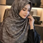 Premium Grey Monogram Printed Silk-Finish Hijab