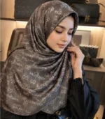 Premium Grey Monogram Printed Silk-Finish Hijab