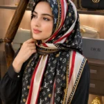 Premium Black Monogram Printed Silk-Finish Hijab