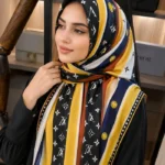Premium Striped Monogram Printed Silk-Finish Hijab (Black, Yellow & Navy Blue)