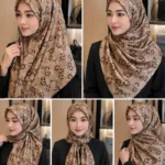 Premium Coffee Brown Monogram Printed Silk-Finish Square Hijab