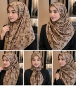 Premium Coffee Brown Monogram Printed Silk-Finish Square Hijab