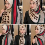 Premium Beige-Grey Monogram Striped Silk-Finish Square Hijab