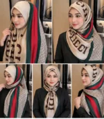 Premium Beige-Grey Monogram Striped Silk-Finish Square Hijab