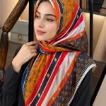 Premium Mustard Orange Monogram Striped Silk-Finish Square Hijab