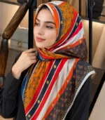 Premium Mustard Orange Monogram Striped Silk-Finish Square Hijab