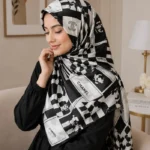 Premium Black & White Monogram Printed Silk-Finish Square Hijab