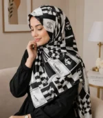 Premium Black & White Monogram Printed Silk-Finish Square Hijab