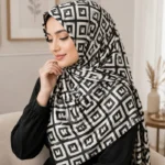 Premium Black & Silver Geometric Printed Silk-Finish Square Hijab