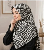 Premium Black & Silver Geometric Printed Silk-Finish Square Hijab