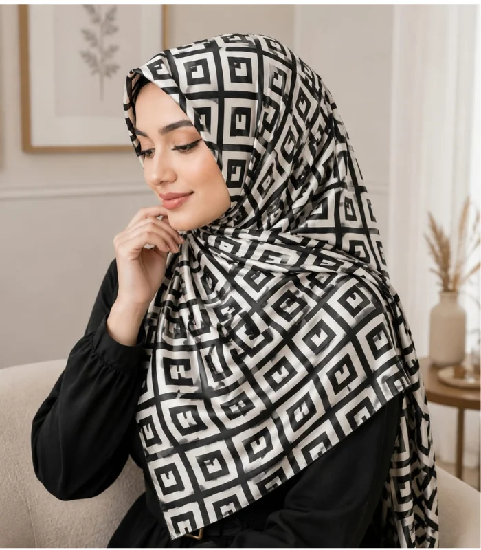 D (2) Premium Black & Silver Geometric Printed Silk-Finish Square Hijab - Image 1