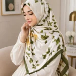 Premium White Floral Printed Silk-Finish Square Hijab