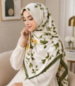 Premium White Floral Printed Silk-Finish Square Hijab