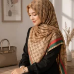 Premium Coffee Brown Monogram Printed Silk-Finish Square Hijab