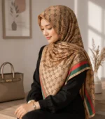 Premium Coffee Brown Monogram Printed Silk-Finish Square Hijab
