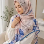 Premium Blush Pink & Blue Floral Printed Silk-Finish Square Hijab