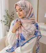 Premium Blush Pink & Blue Floral Printed Silk-Finish Square Hijab