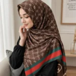 Premium Coffee Brown Monogram Printed Silk-Finish Hijab