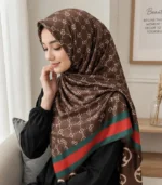 Premium Coffee Brown Monogram Printed Silk-Finish Hijab