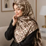 Premium Coffee Brown Geometric Monogram Printed Silk-Finish Square Hijab