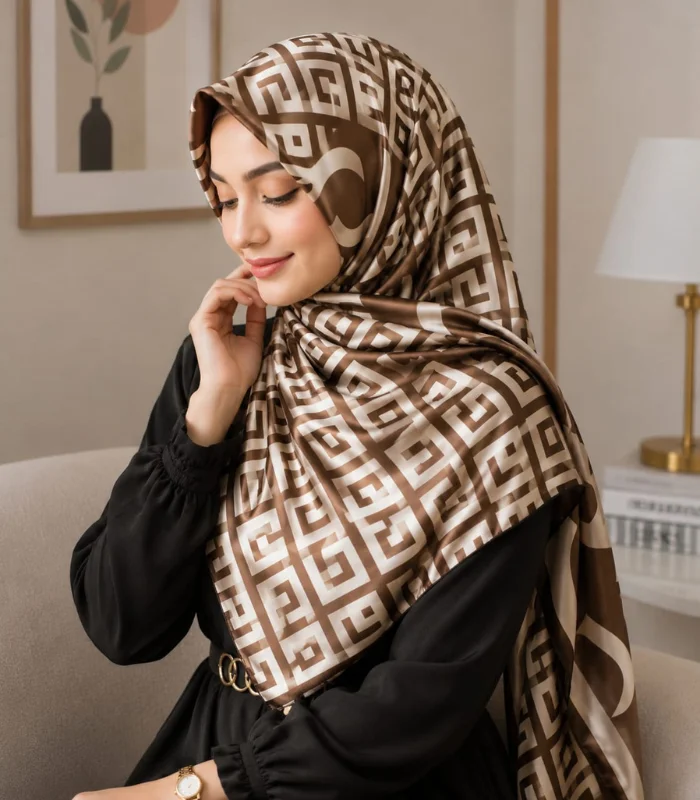 D (7) Premium Coffee Brown Geometric Monogram Printed Silk-Finish Square Hijab - Image 1