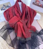 Premium Wine Red Black Border Gold Shimmer Soft Hijab - Image 2