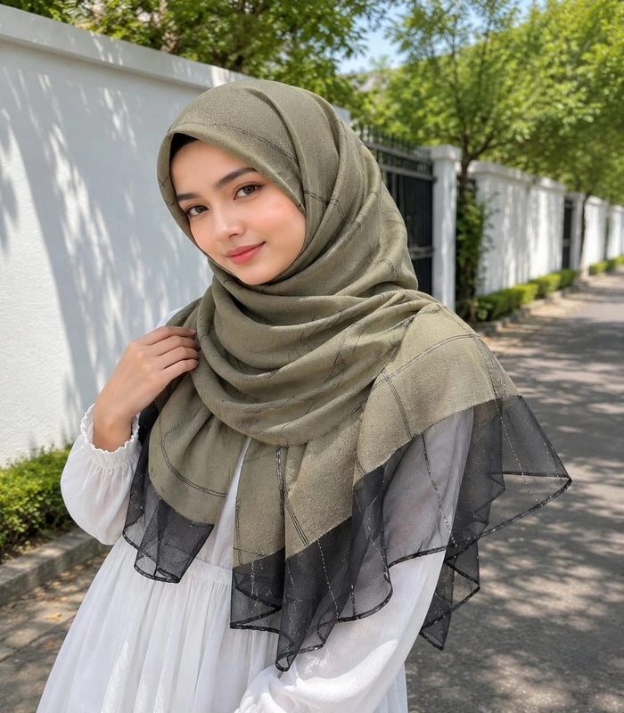 R (5) Premium Olive Green Black Border Gold Shimmer Soft Hijab - Image 1