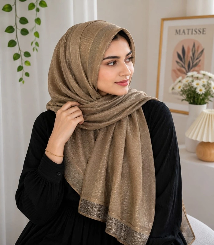 RRR (1) Premium Mushroom Taupe Gold Shimmer Soft Hijab - Image 1