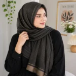 Premium Charcoal Black Gold Shimmer Striped Soft Hijab